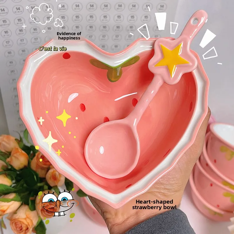 

Stberry Bowl Spoon Cry Fufu Girl's Heart-aped Bowl Salad Dert Porcelain Home Dining Utensils ular Ins Sle Props
