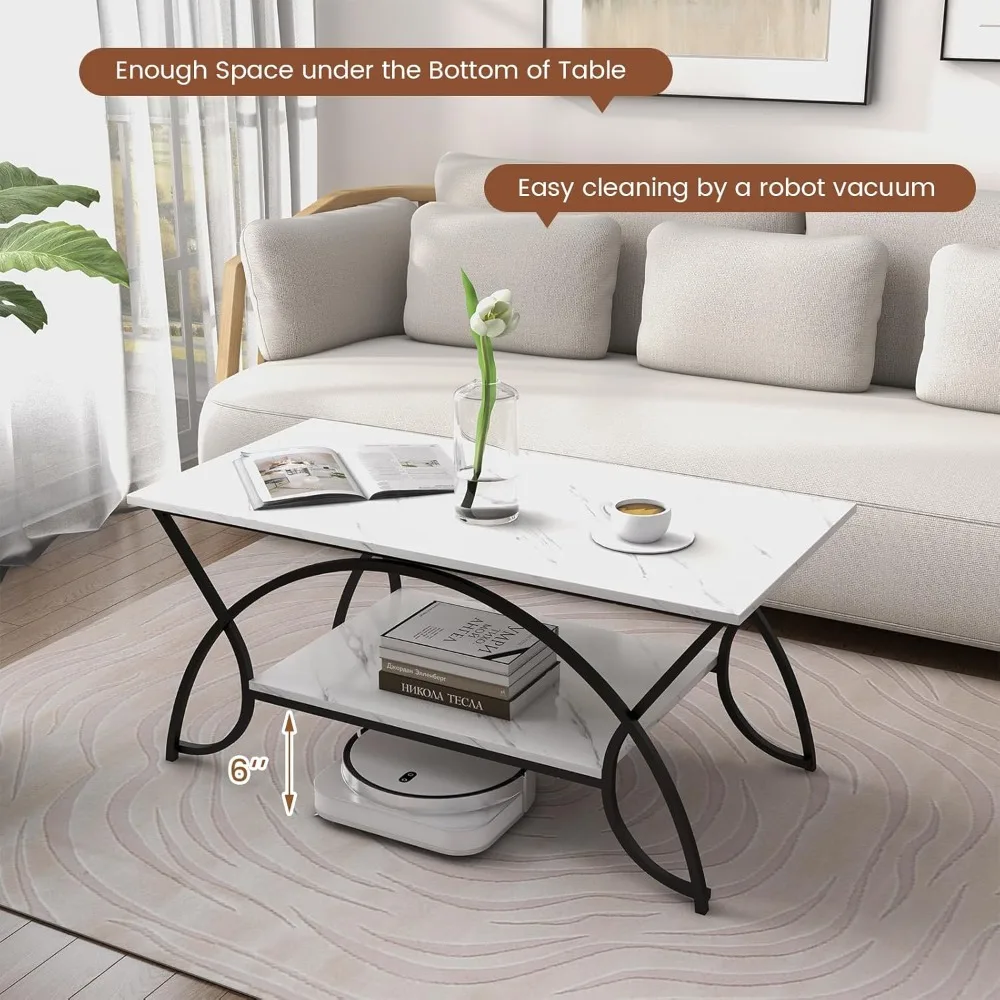 2-Tier Rectangular Coffee Table, Faux Marble Table with Open Storage Shelf, Black Finished Metal Frame, Modern Center Ta