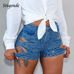 Stigende Rhinestone Cut Out kısa kot pantolon kadınlar seksi Slim Fit pullu Denim şort Y2K