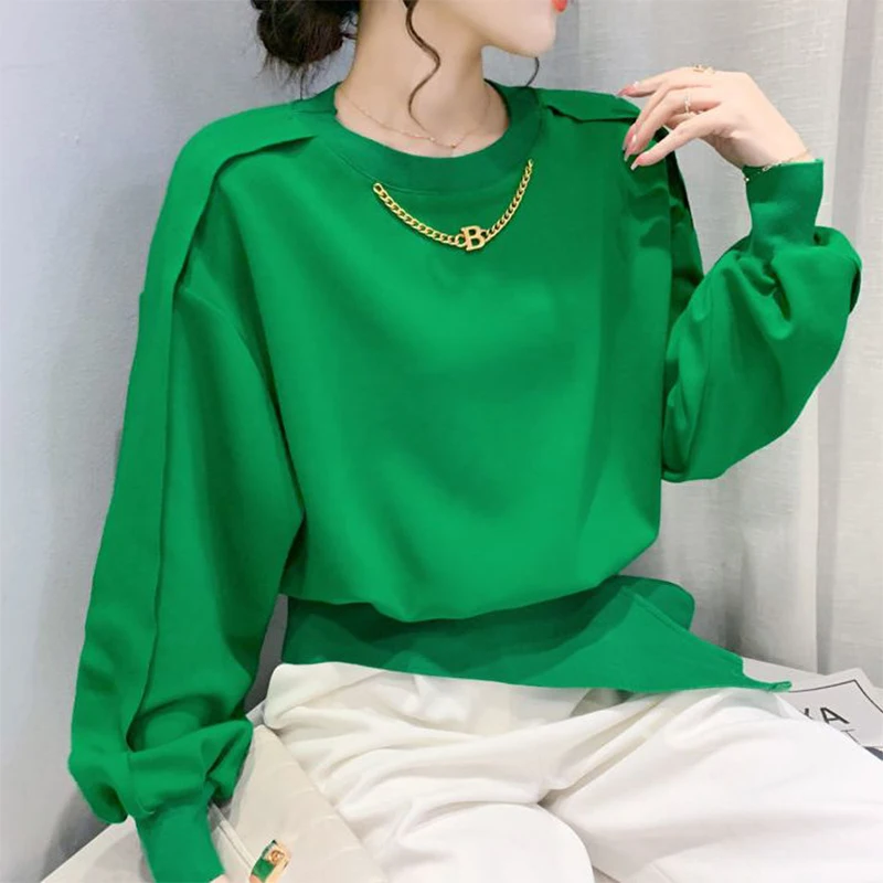 Spring Autumn Round Neck Solid Color Irregular Sweatshirt Female Loose Casual Patchwork All-match Pullovers Women Chic Chain Top