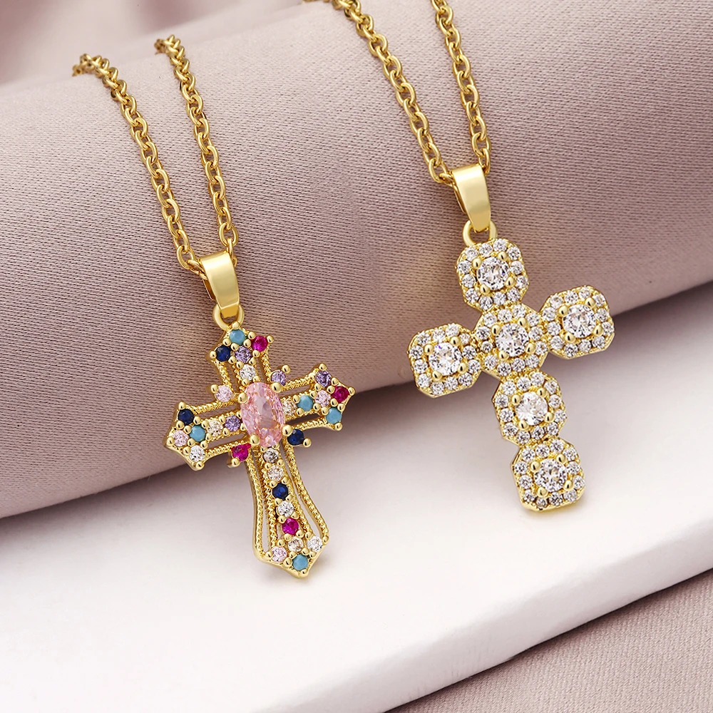 Fashion Female Crystal Jesus Cross Pendant Necklace Gold Color Cubic Zirconia Christian Choker Jewelry Prayer Gift