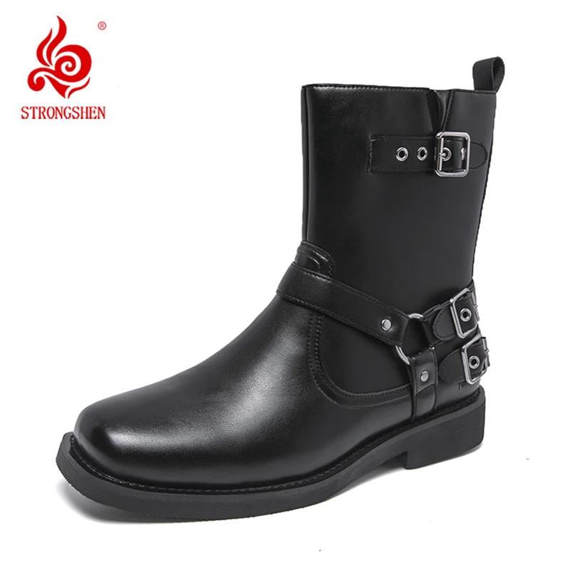 

Fashion Men Boots Trend Metal Decoration Casual Shoes Punk Style Motorcycle Boots Comfortable Leather Punk Rock Boots Plus Size