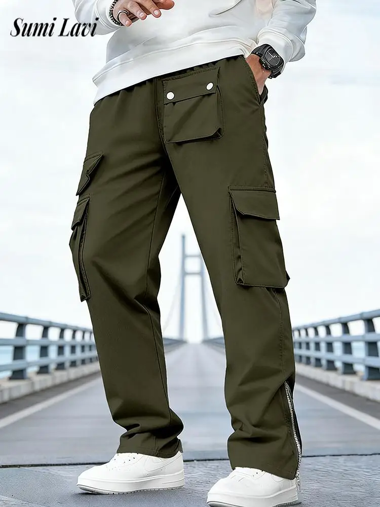 

Casual Loose Straight Cargo Pants Spring Men Vintage Multi Pocket Zip-up Design Trousers Daily Leisure Mens Solid Color Pants