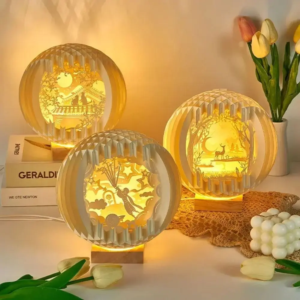 

Gift with Wood Base 3D Paper Carved Night Light USB Chinese Style Atmosphere Lamps Carving Lamp Living Room Art Decor