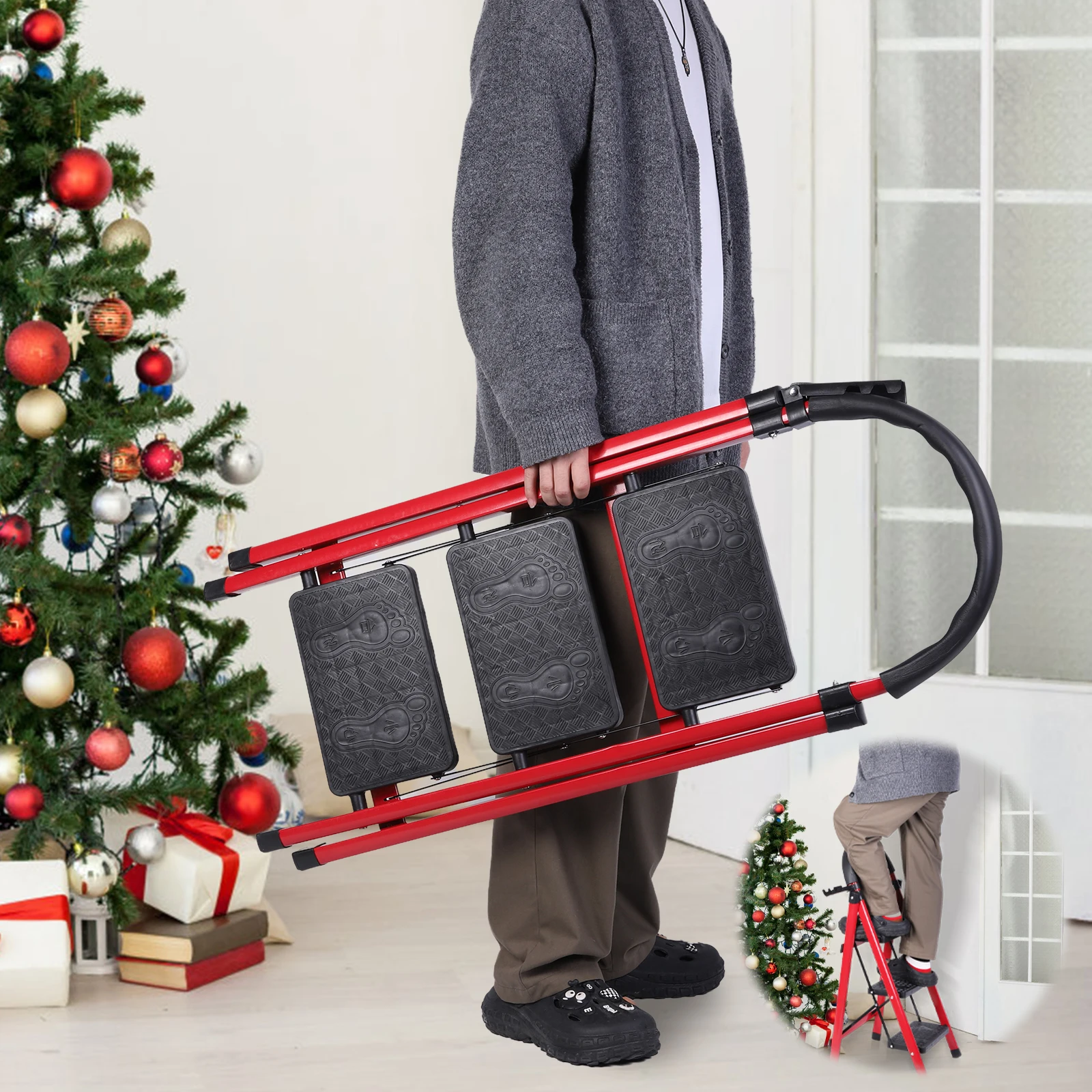 سلم قابل للطي بثلاث خطوات، مقاعد متينة ومحمولة، أقصى قدرة تحميل 330 رطل، خطوات منصة واسعة للعمل في الأماكن المغلقة/الخارجية #5