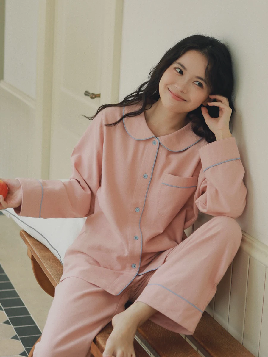 

Cotton Flannel Spwear Doll Collar Women's Sle Casual Wearable Home Clothes Long Sve Soft Cotton Pajamas for Autumn Wi...