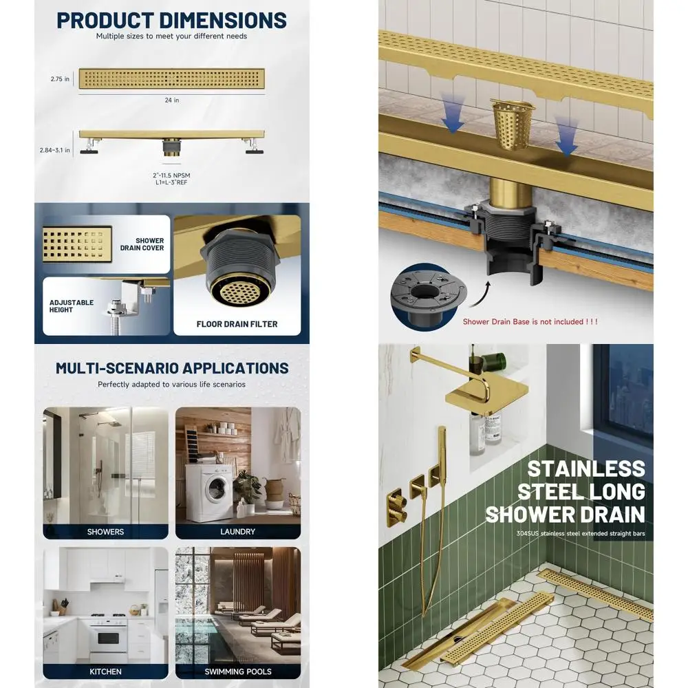 

24 Inch Rectangular Shower Drain with Removable Grate, Adjustable Feet, Brushed Gold Finish, Stainless Steel, Hair Strainer Incl