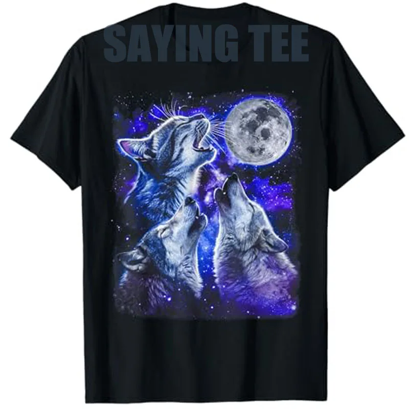 

2 Wolves 1 Cat Howling At The Moon Funny Cat T-Shirt Wolf and Friends Y2k Design Graphic Outfit Summer Fashion Saying Tee Tops