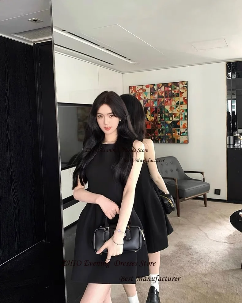 ZHIO Ivory Simple Satin Boat Neck Mini Length Korean Style Evening Gown Dress Strapless Sleeveless Short Prom Cocktail Dress