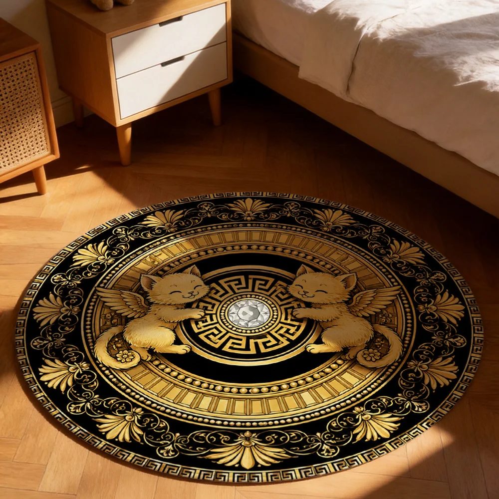 Elegant Round Area Rug with Golden Winged Lion Design for Living Room Bedroom Home Decor