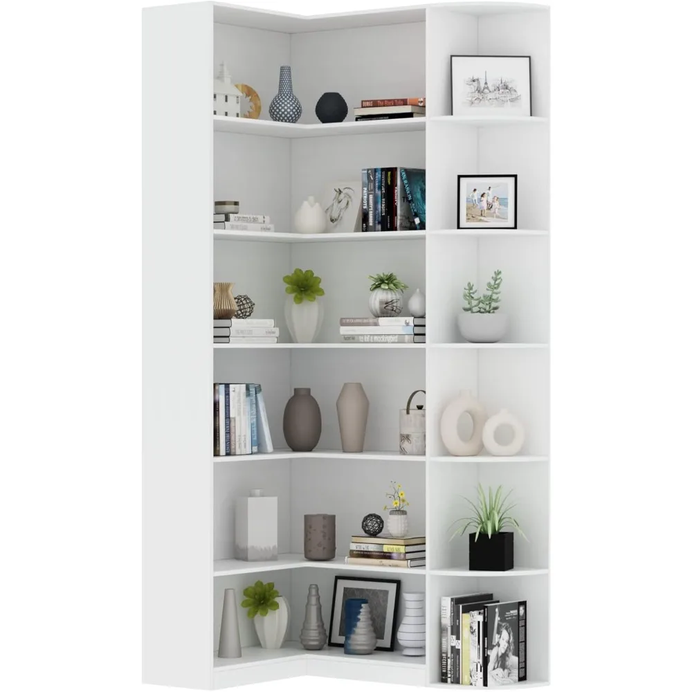 

White Book Shelf, 6 Tiers Shelf Large Tall Corner Etagere Bookcase with Full Baffle, L-Shaped Modern Storage Display Industrial