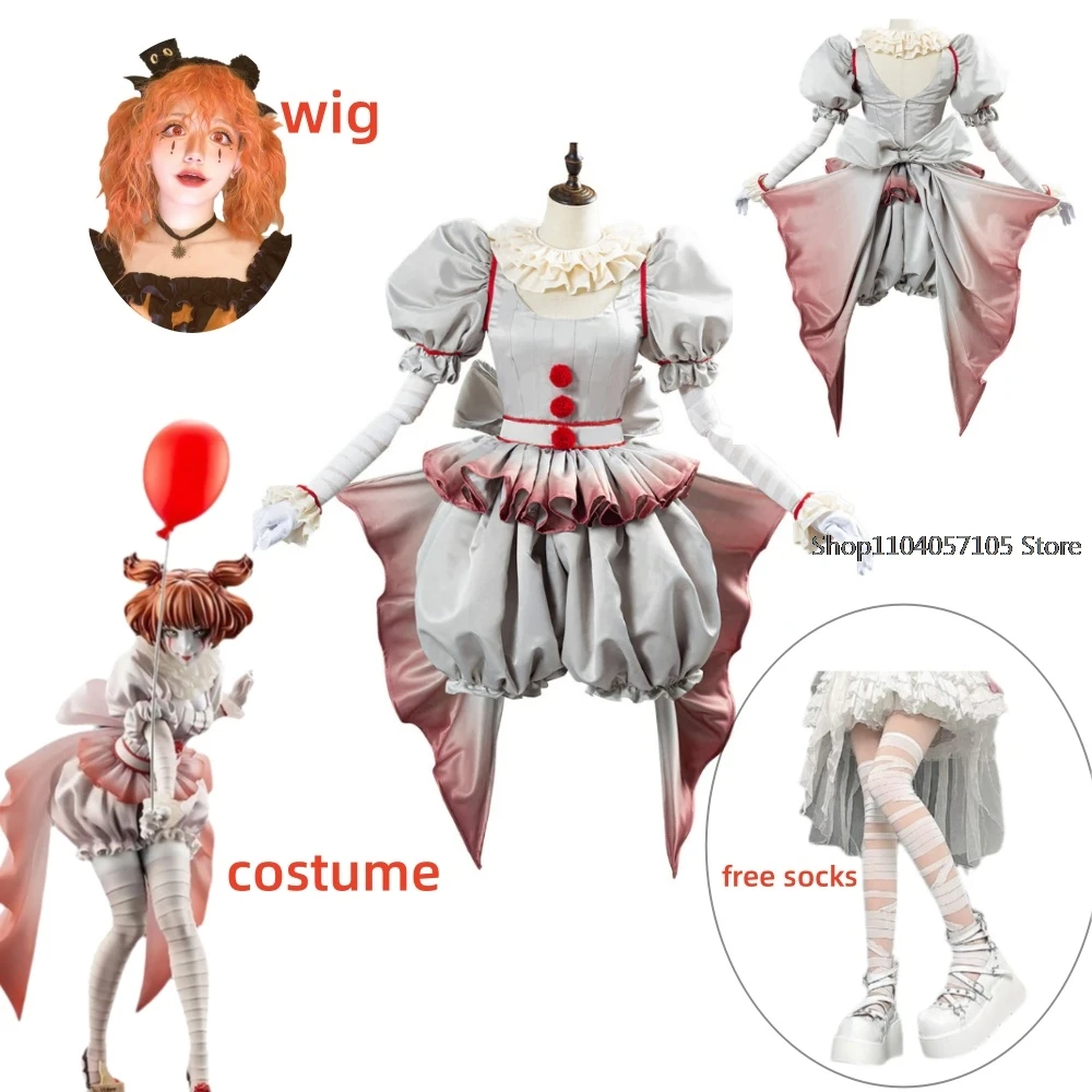 Palhaço Pennywise Cosplay Fantasia para Mulher, Halloween Horror, Lolita Dress Up, Fantasia, Fantasia, Festa de Carnaval, Conjunto completo, Genderswap