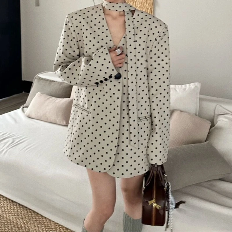 

Весенний новый дизайн: модный силуэт, блейзер в горошек, ретро-костюм с изысканным V-образным вырезом для женщин