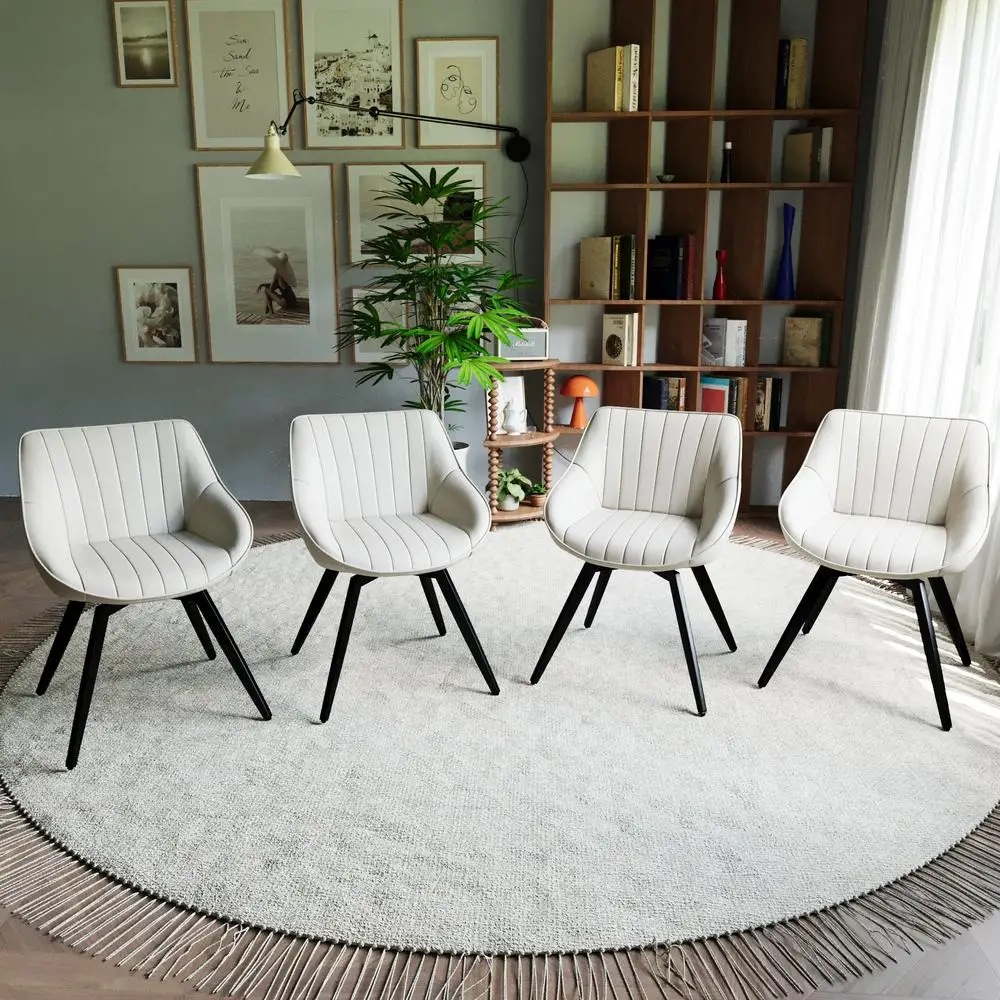 4 كراسي طعام بيضاء من البولي يوريثان في منتصف القرن كراسي مطبخ مريحة حديثة مع أرجل معدنية سوداء مريحة مبطنة وسهلة التنظيف #2