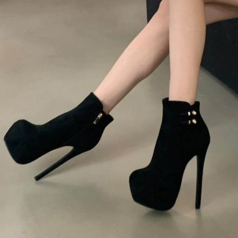 Autumn Winter Platform Ankle Boots 16CM High Heel for Women Sexy Round Toe Metal Buckle Pole Dance Pumps Fashion Runway Shoe