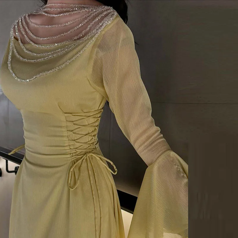 Elegante Einfarbig Schlank Party Kleid Neue Perlen Dekoration Krawatte Up Abendkleid Sexy Slash Neck Flare Hülse Chiffon Langes Kleid