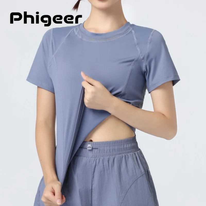 

PHIGEER women workout gym top with mesh short sleeve seamless athletic shirts for yoga running breathable quick dry sport tees