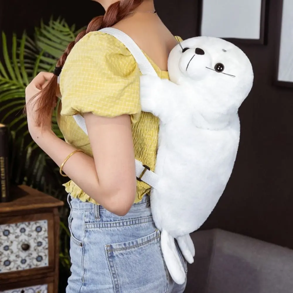 Joli cartable en peluche avec sceau, sac à bandoulière, mignon sac à dos en peluche blanc de 50CM, sac Lion de mer de dessin animé pour bébé