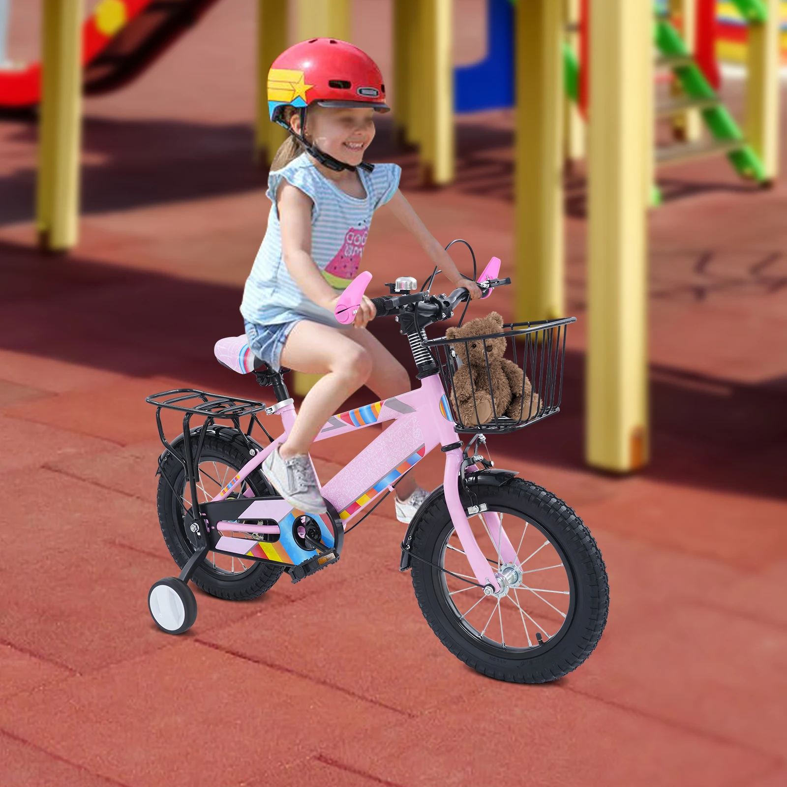 دراجة أطفال مقاس 14 بوصة دراجة خارجية قابلة للتعديل مع عجلات تدريب وسلة ومقعد خلفي للأولاد/الفتيات بعمر 3-6 سنوات #5