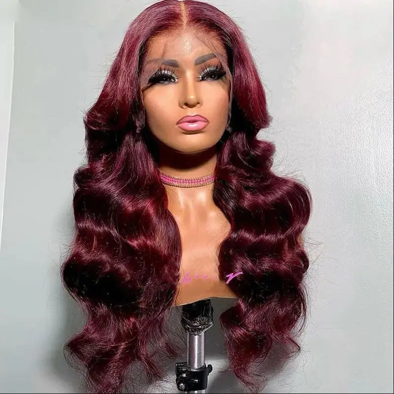 

26Inch Natural Body Wave 180Density Long Burgundy Curly Lace Front Wig For Women BabyHair Preplucked Daily Glueless Fashion Wigs