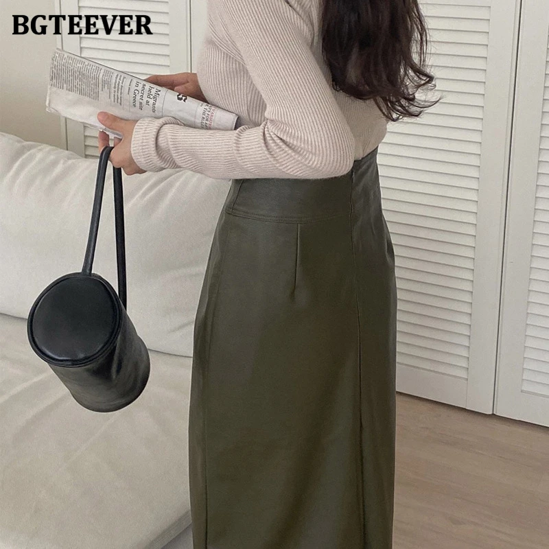 BGTEEVER ヴィンテージスプリットパッケージヒップ女性 Pu レザースカート春ハイウエストストレート女性スカート