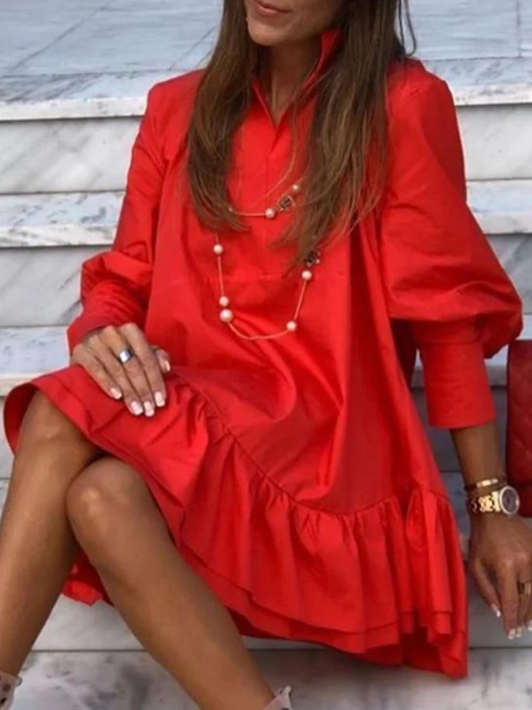 2023 Autumn New Women's Solid Color Long Sleeve Dress Women's Vintage Style Casual Long Dress with Ruffled Edge Mini Dress
