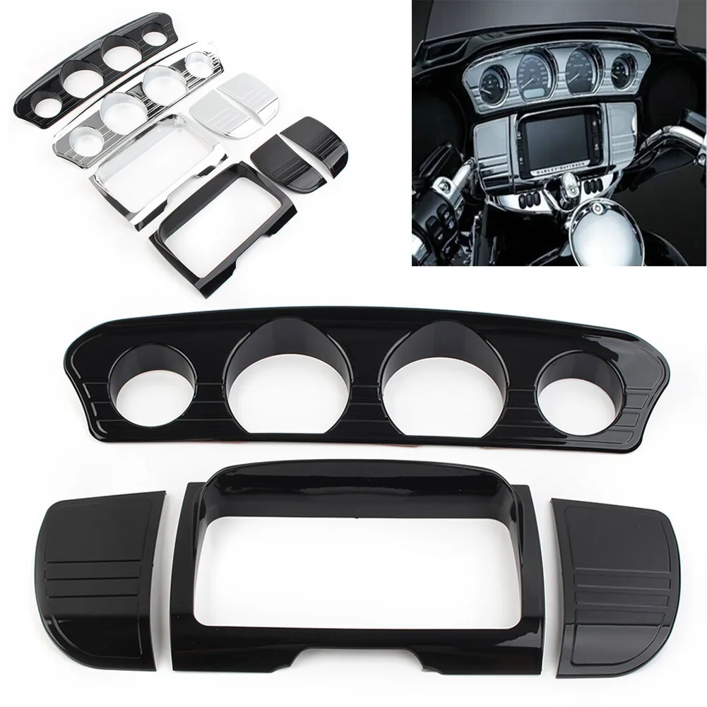 

4Pcs Motorbike Tri Line Gauge Stereo Accent Trim ABS Decoration Covers For Harley Electra Street Glide 2014-2023 Chrome/Black