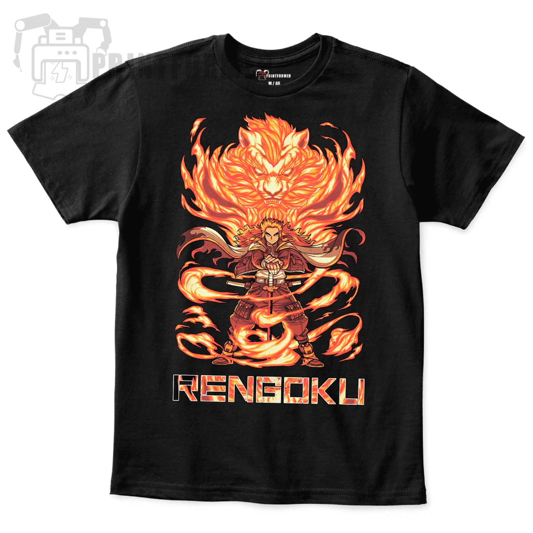 Kyojuro Rengoku T-Shirt Kimetsu No Yaiba Anime Demon Slayer Black Shirt All Size 100 Cotton