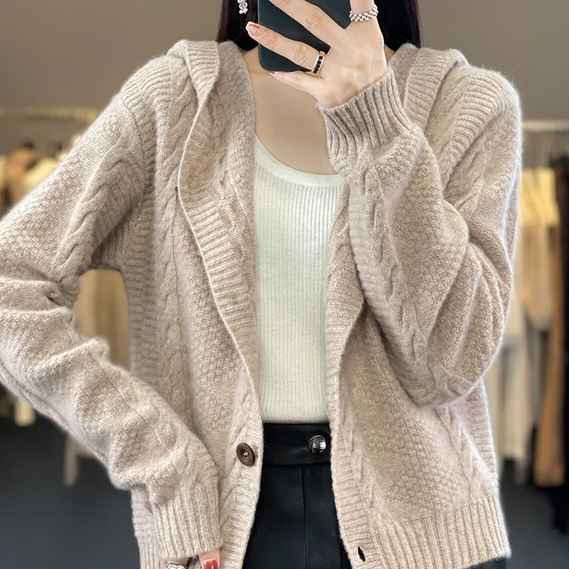 100% Merino Wool Hooded Cardigan Autumn/Winter Long Sleeved Solid Color Korean Fashion Loose Casual Knit Sweater Jacket To