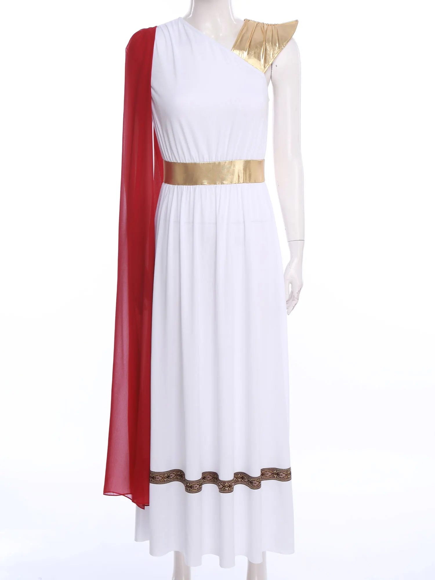 

Womens Ancient Greek Roman Queen Cosplay Dress Metallic Shiny Off Shoulder Asymmetrical Hem Sling Dress Halloween Party Costume