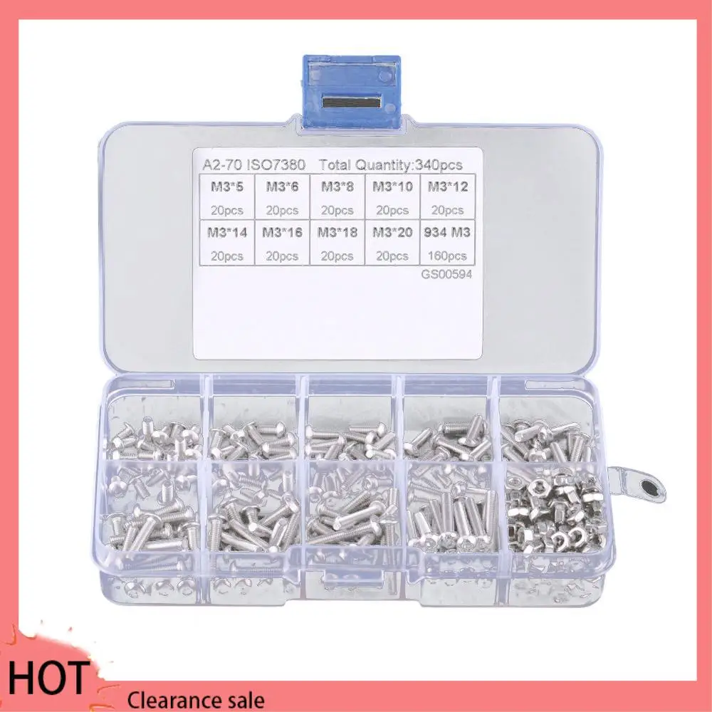 

A88Z 340Pcs M3 Hex Socket Screw Nut Stainless Steel M3 Screws Nuts Assortment Kit Fastener