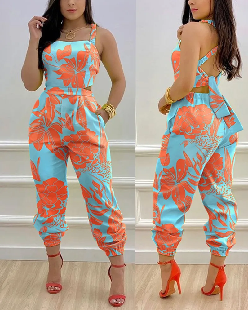 Jumpsuit Dài Nữ Thanh Lịch In Hình Bướm Crisscross Phối Ren Chi Tiết Hở Lưng Thời Trang Dễ Thương Xanh Jumpsuit Áo Phù Hợp Với Nữ