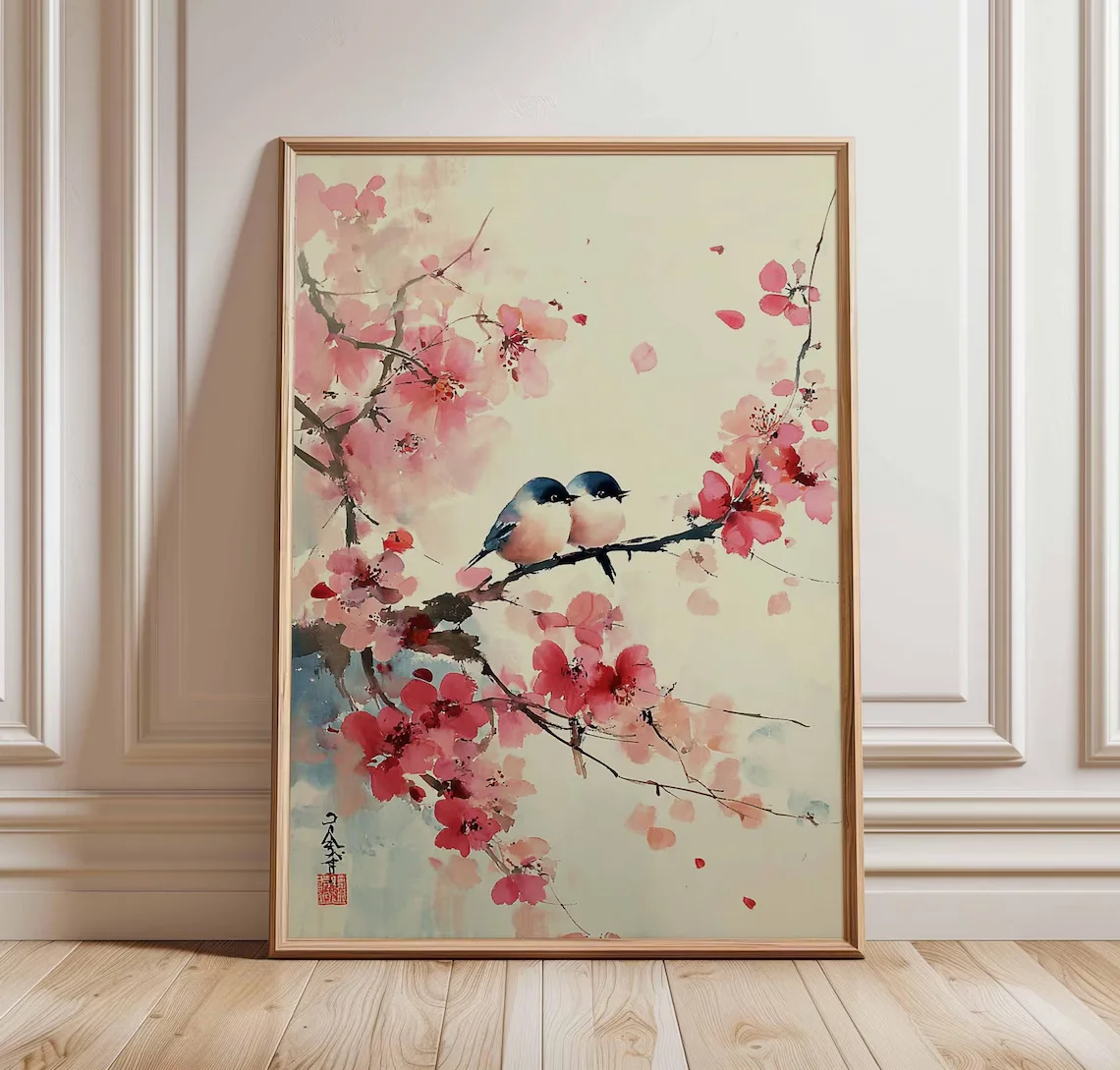 Art mural Tranquil Cherry Blossom & Birds, art traditionnel japonais, pour les passionnés de nature ou tout ceux qui aiment un décor paisible et romantique