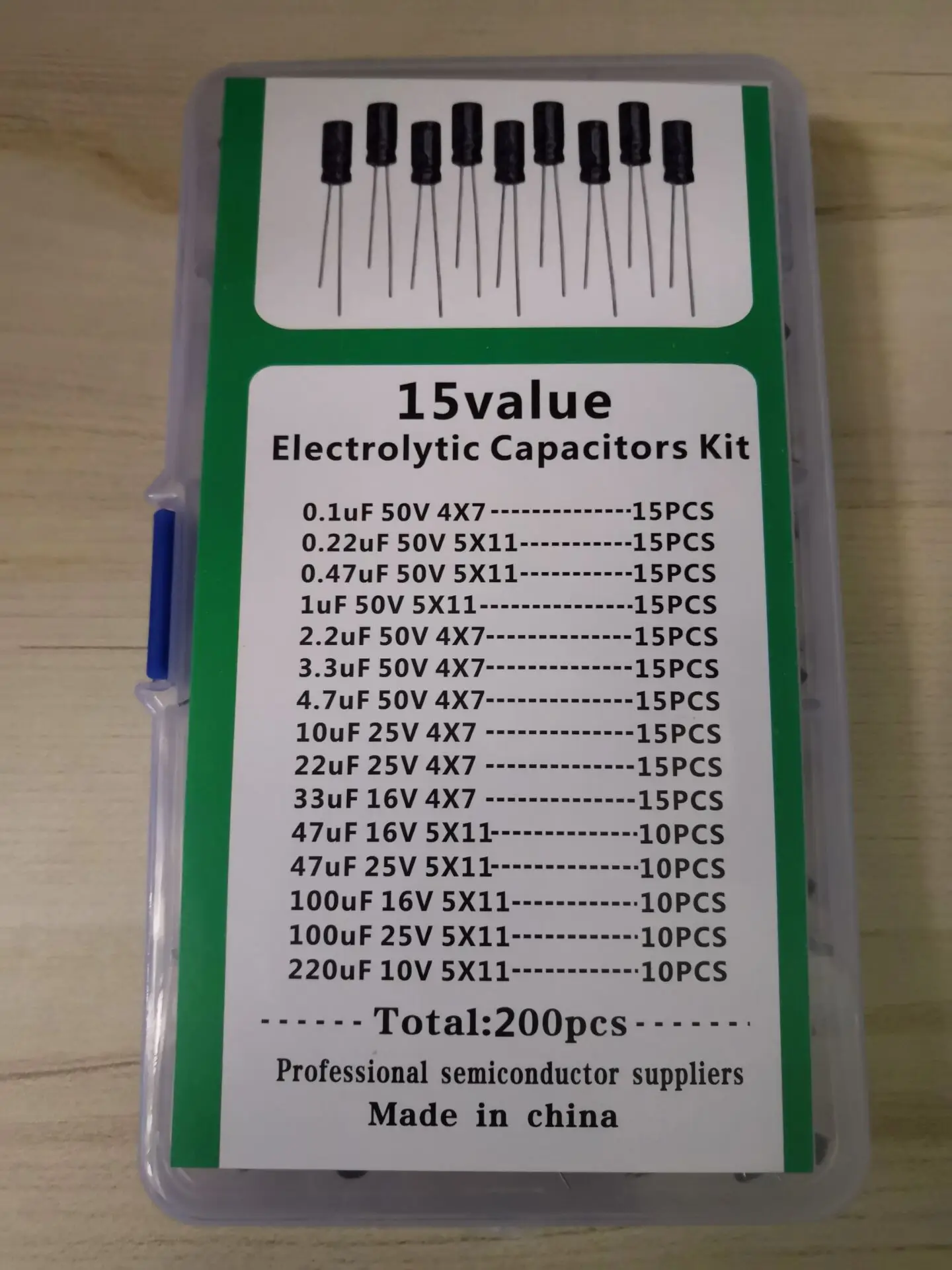Imagem -02 - Jogo Eletrolítico de Alumínio do Capacitor Caixa 15 Valor200 Peças 10v 16v 25v 50v 220uf 100uf 47uf 33 22 10 47 33 22 047 022 01 uf