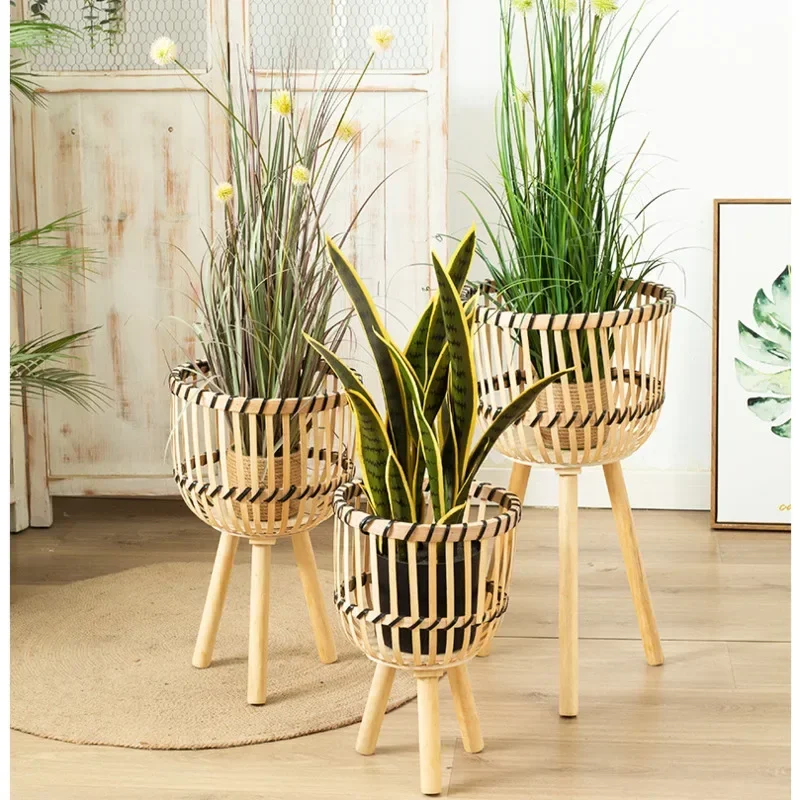 Flower Rack, Simple Plant Shelves, Handmade Bamboo Weaving Flower Stand, Creative Hollow Out Indoor Gardening, Multi-scene 123