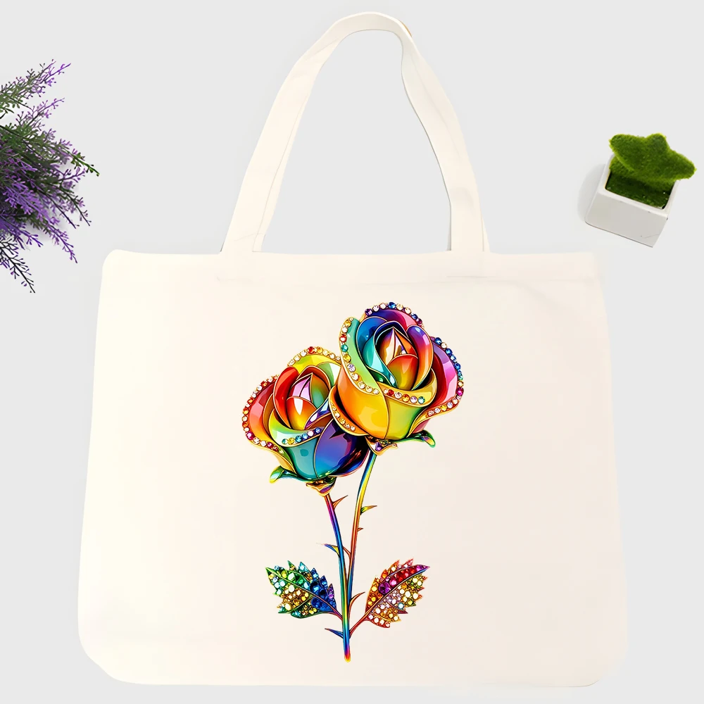 Women's rainbow rose canvas tote bag with crystal accents, ideal for daily use and casual outings