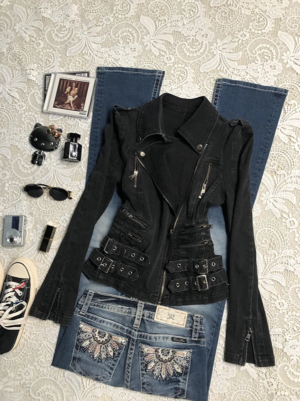 

Байкерское джинсовое пальто Bla на молнии, винтажное женское джинсовое пальто в американском стиле ретро, осень-зима, модное хлопковое пальто прямого кроя