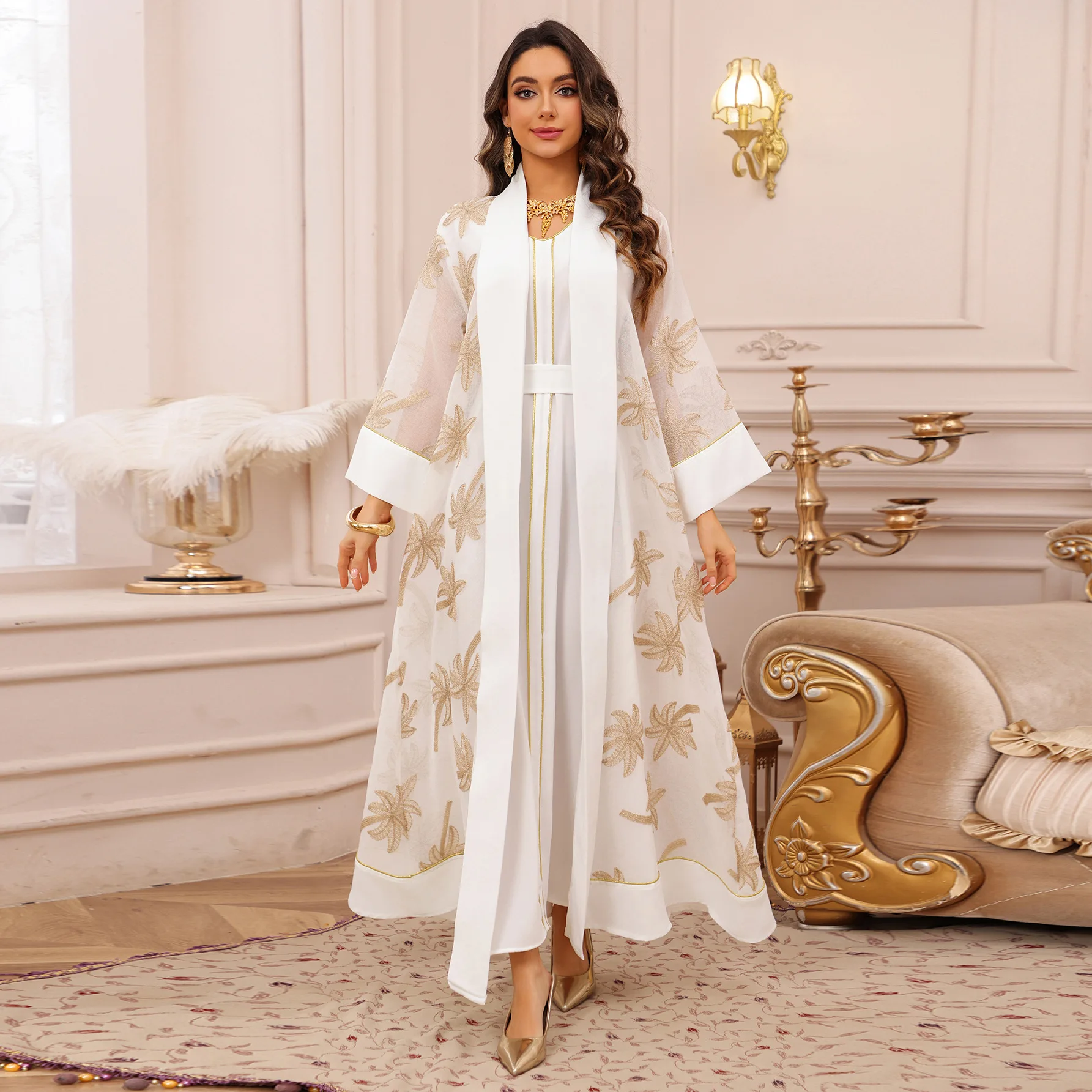 Dubai Kimono aperto Abaya con abito interno 2 pezzi Set donna cardigan ricamato musulmano abito lungo Marocco Dubai caftano tessuto islamico