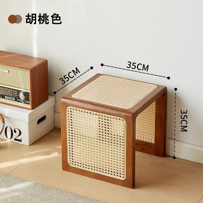 Retro solid wood rattan small square stool home sofa tea edge few high-end light luxury bedroom bedside table shoe change bench