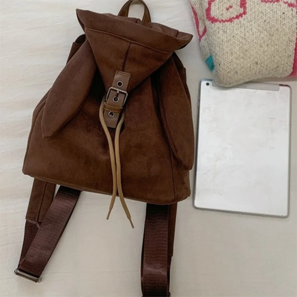 

Niche Unique Hooded Ears Backpack High Capacity Retro Cute Drawstring Daypack Trendy Bunny Ear Fashionable School Bag Daily
