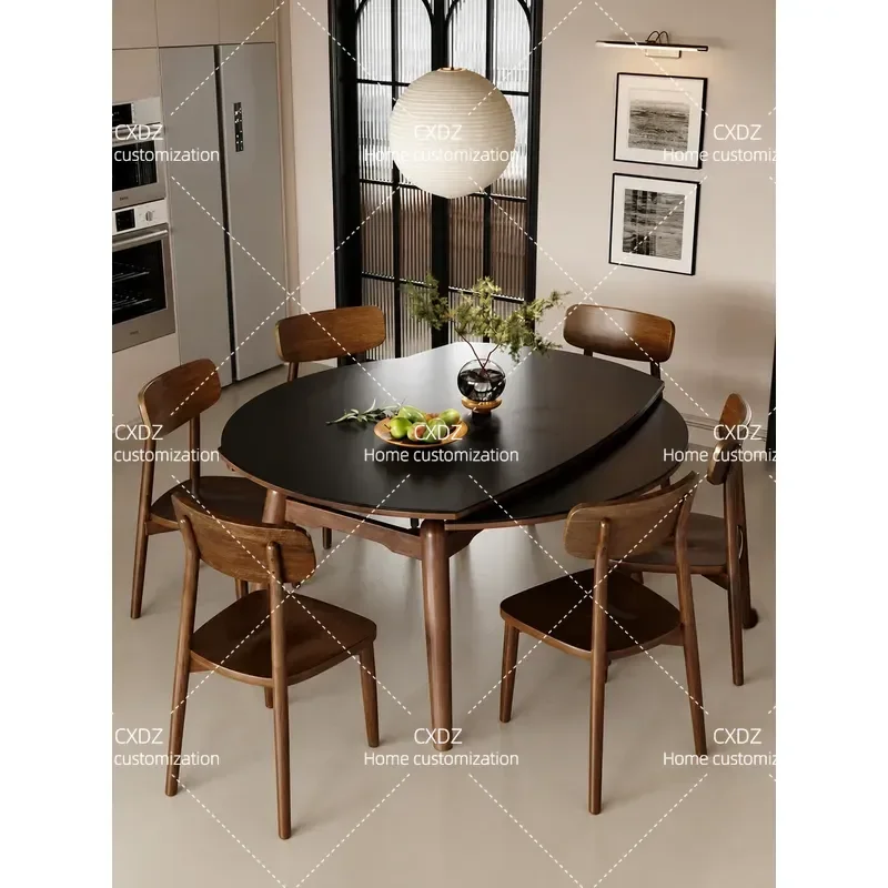 Blue Ideal Rock Slab Dining Table and Chair Set Retro Style Small Apartment Household Retractable Solid Wood Variable Round