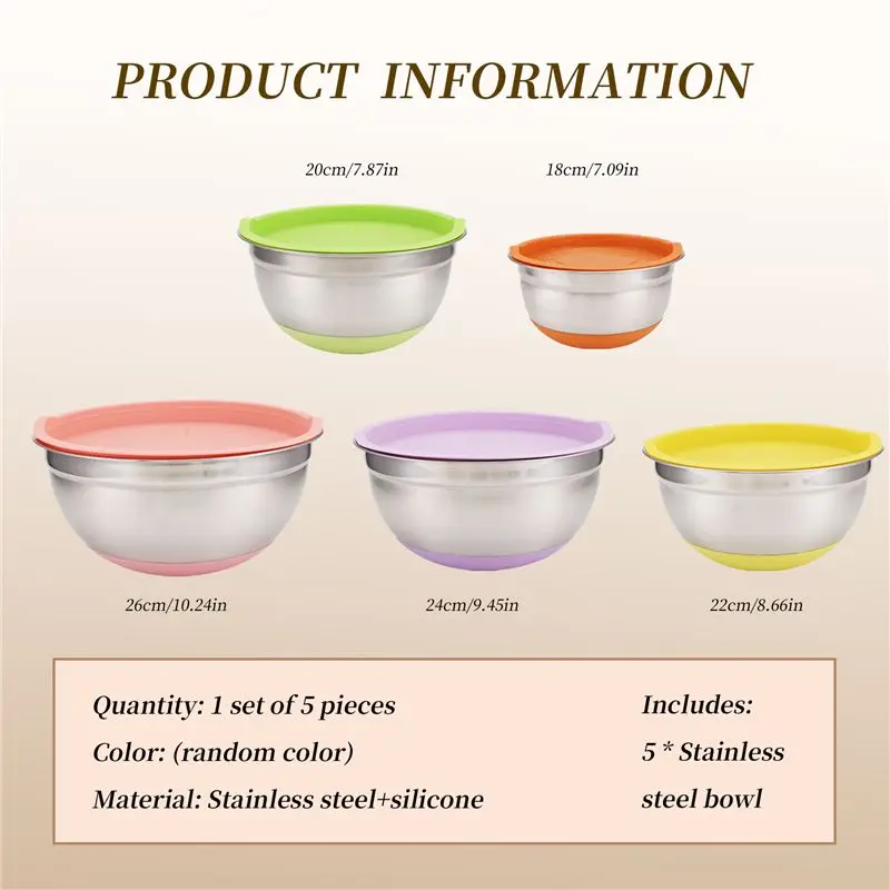 ABMI-5Pcs Stainless Steel Mixing Bowls 18-26Cm Diameter Metal Nesting Bowls With Colorful Airtight Lids Non-Slip Bottoms,