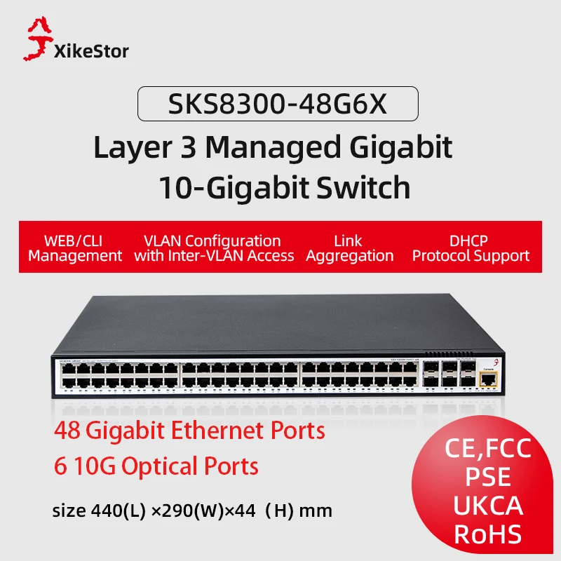 XikeStor Layer 3 managed with 48 Gigabit Ethernet ports and 6 10G SFP ports supporting link aggregation VLAN segmentation