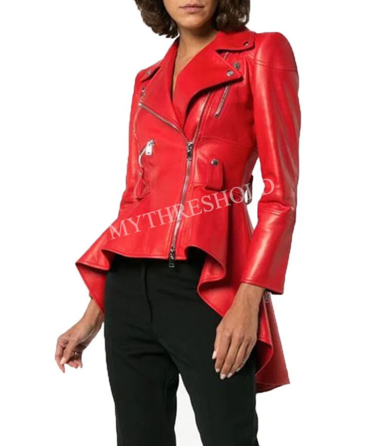 

Women Leather Jacket Stand Collar High-end Trench Coat Genuine Lambskin Red Peplum Waist Designer Biker Real Coats and Jackets