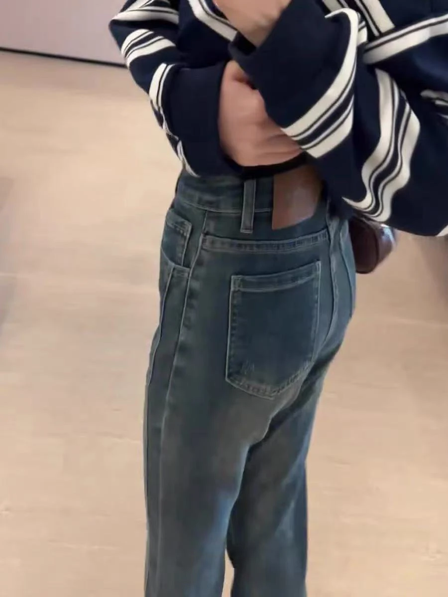 กางเกงยีนส์ทรงขากระบอกเล็กแบบผ่าข้างสไตล์เกาหลีสำหรับผู้หญิง ฤดูใบไม้ผลิ ฤดูใบไม้ร่วง เอวยางยืดสูง ทรงตรง สไตล์เรโทร ทรงเข้ารูป