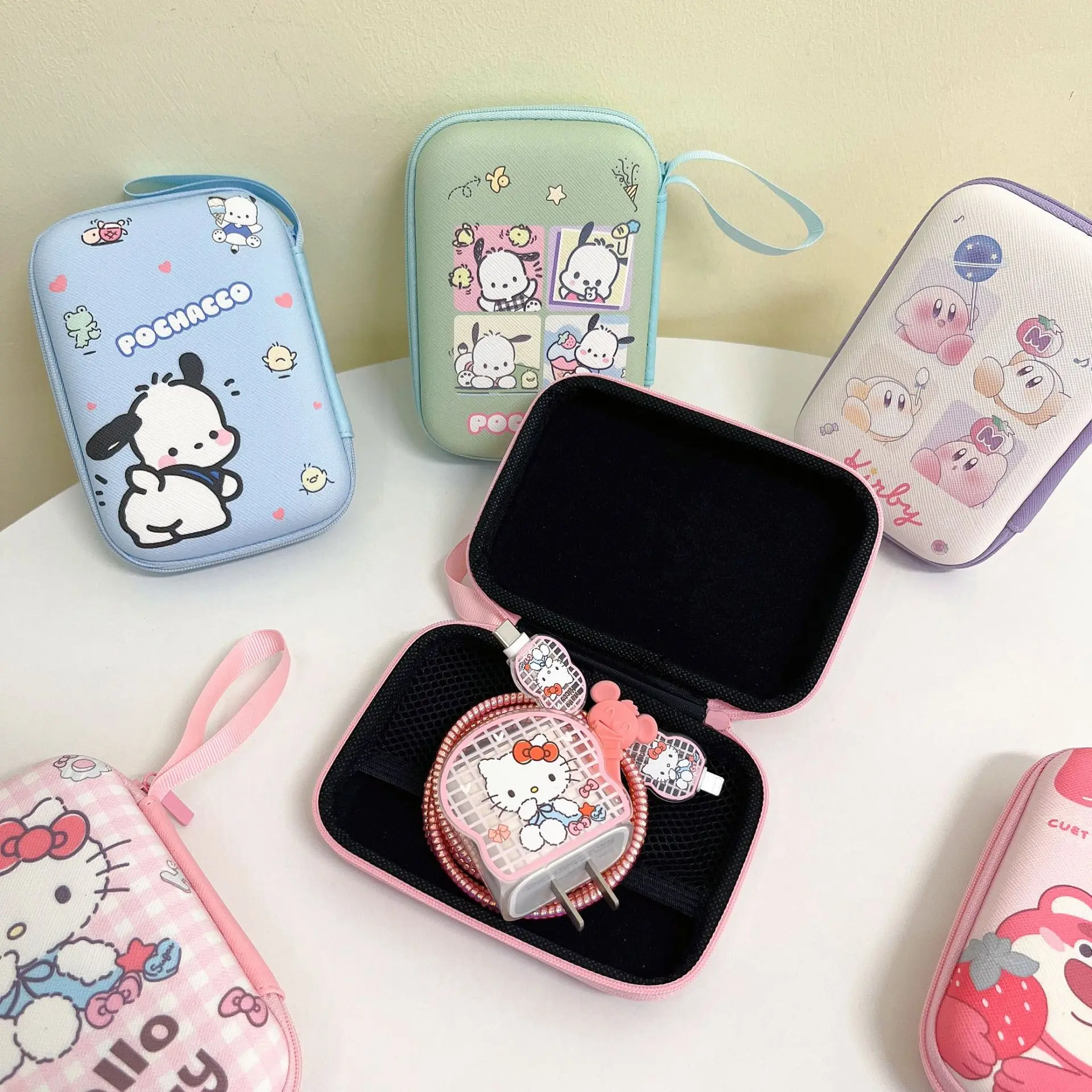 Kawaii Pochaccos Hello Kittys Data Cable Charger Classification Storage Bag Portable Cartoon Digital Camera Fall Protection Case