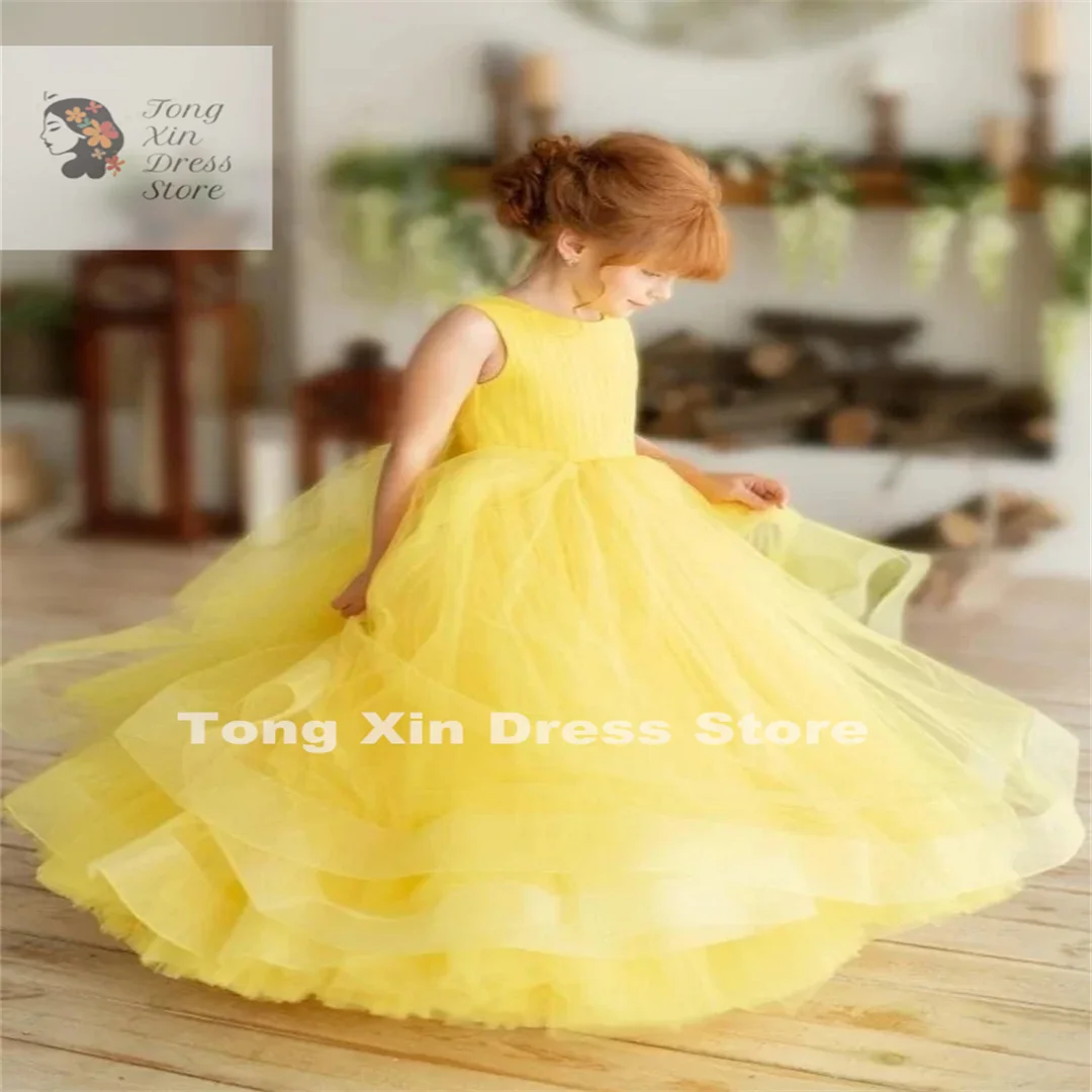 Flower Girl Dresses Yellow Tulle Puffy Solid With Tailing Sleeveless For Wedding Birthday Party Banquet Princess Gowns