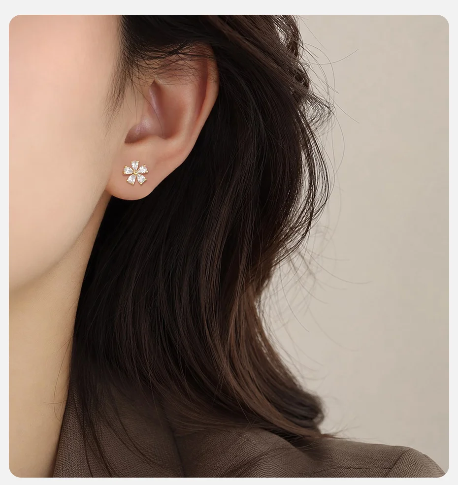Vnox Süße Blumen-Ohrstecker mit Rosa Kubischem Zirkonia für Damen, Vergoldet, Glänzende Kristalle, Schraubverschluss, Piercing-Schmuck – Detail 2