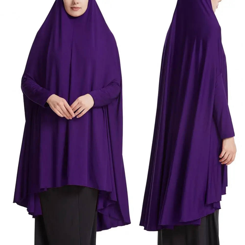 Jubah wanita klasik warna asli, jubah Retro lengan panjang Hem lipit sederhana dengan tudung