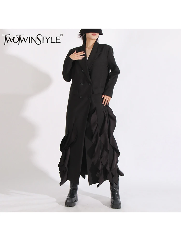 

TWOTWINSTYLE Solid Casual Patchwork Ruffles Casual Blazer Notched Long Sleeve Spliced Button Long Loose Coat Female Fashion New